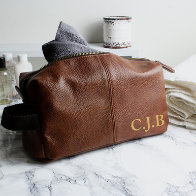 Personalised Memento Company Personalised Luxury Initials Brown Leatherette Wash Bag